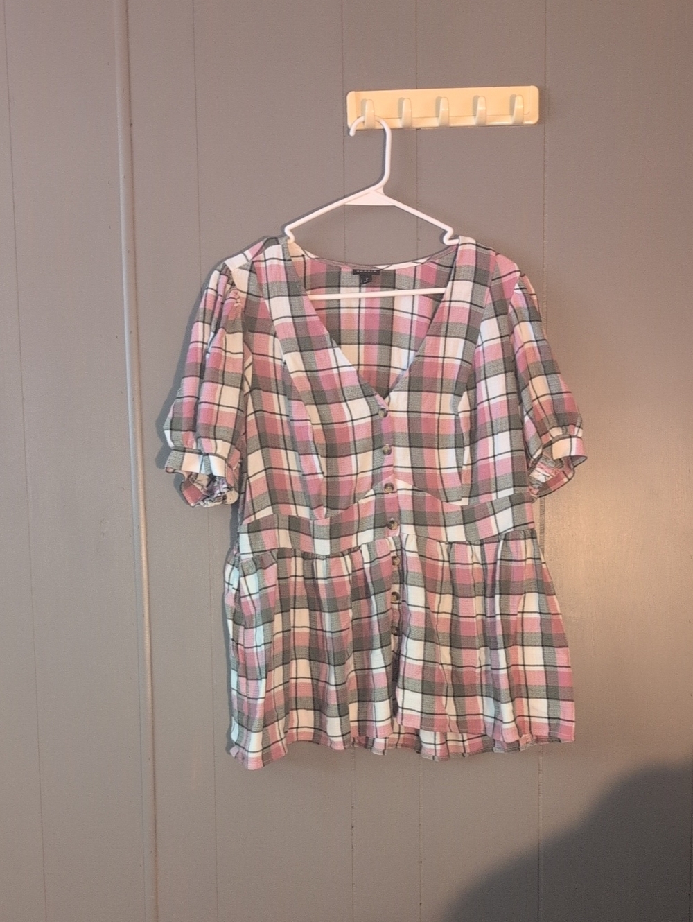 torrid Pink, Sage & Cream Plaid Peplum Blouse